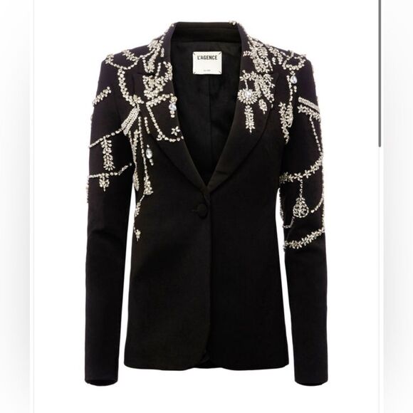 L’AGENCE Clementine Crystal Rhinestone Embellished Peak Lapel Blazer Bla… - Picture 2 of 16